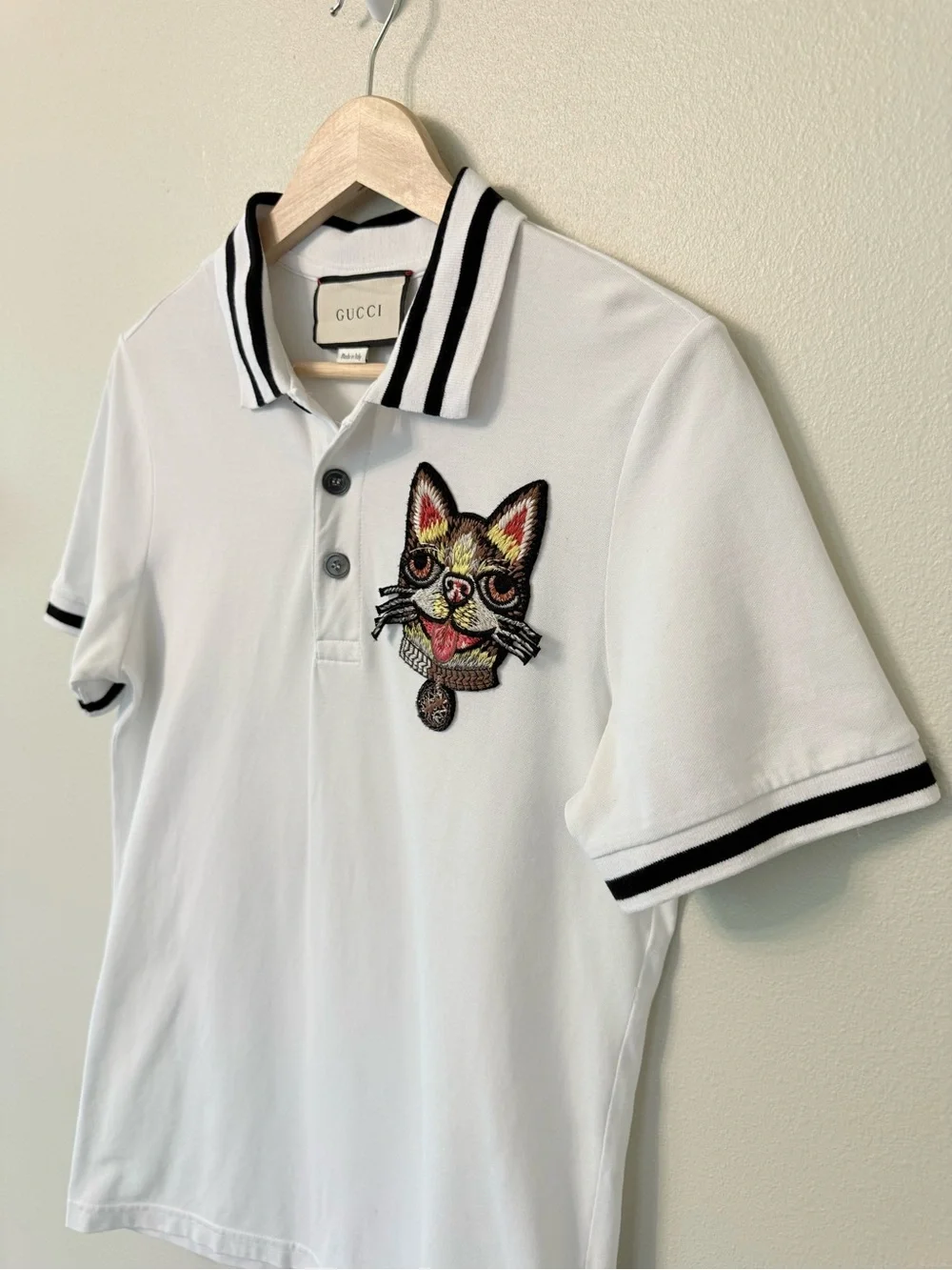 Gucci Dog Cat Patch Polo Shirt White Black Stripe Rare Alessandro Michele Size S